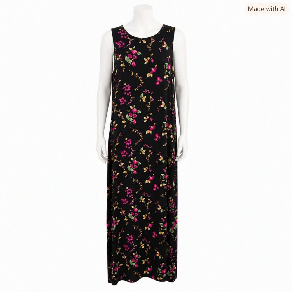 Studio Ease Sleeveless Black Floral Maxi Dress – Size 12 – Vintage Rayon